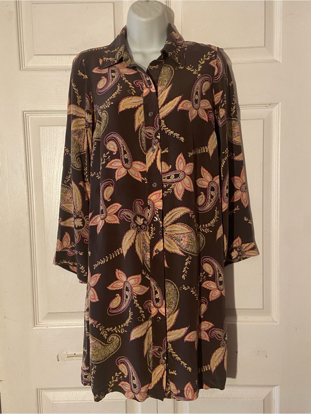 Massimo Paisley Floral Button-Front Tunic Dress in Black and Peach S